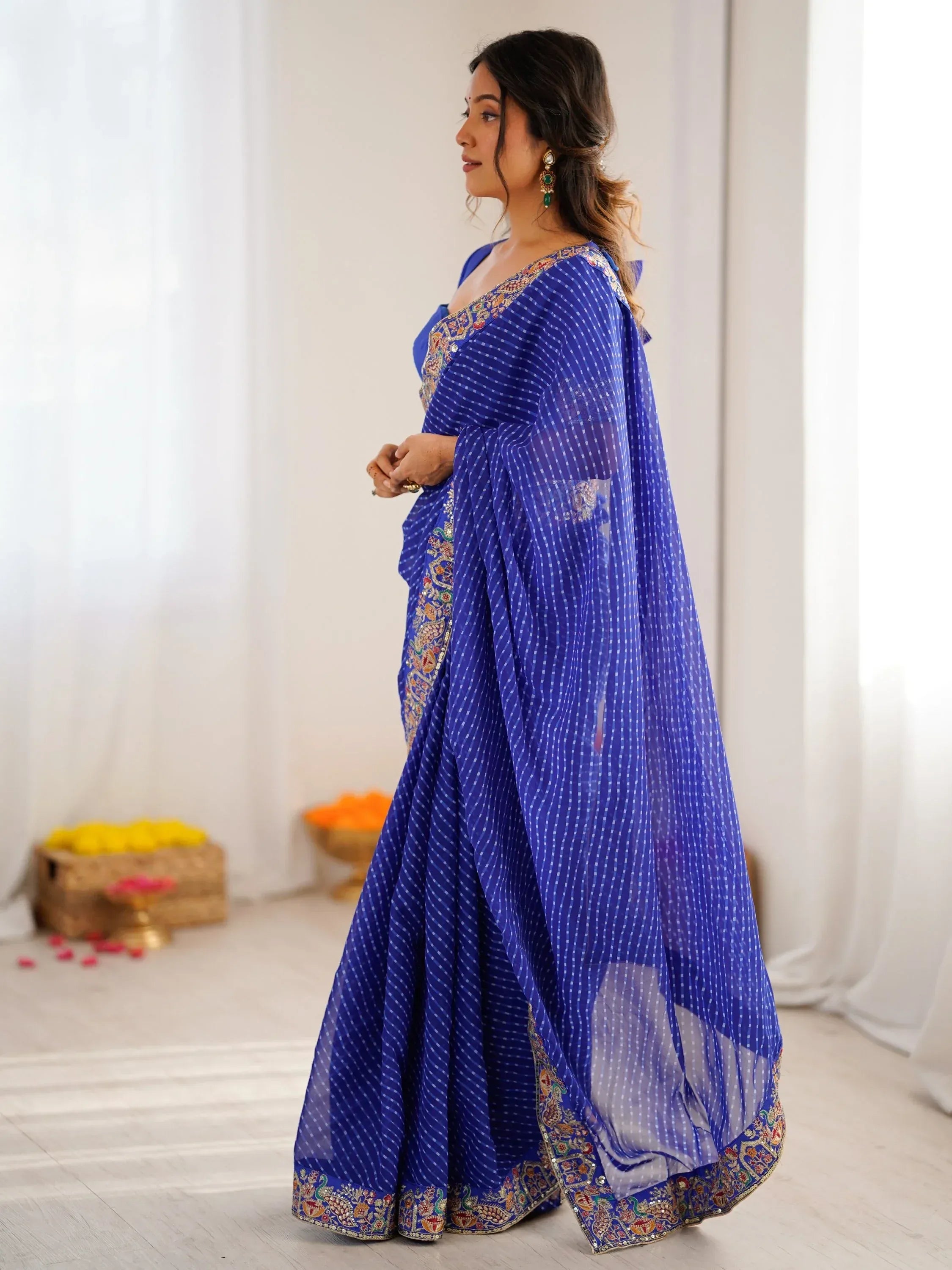 Stylish Blue Border Work Georgette Function Wear Saree With Blouse