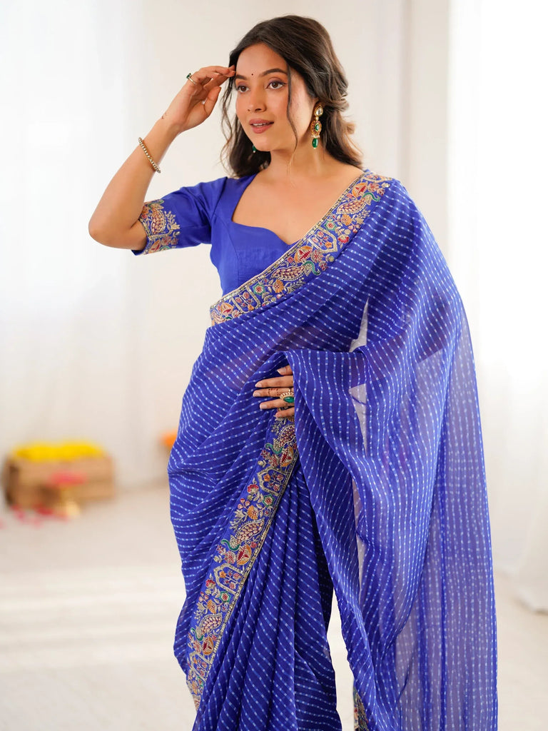 Stylish Blue Border Work Georgette Function Wear Saree With Blouse