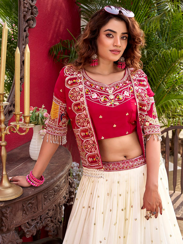 Aesthetic Off-White Thread Work Silk Bridesmaid Lehenga Choli With Koti