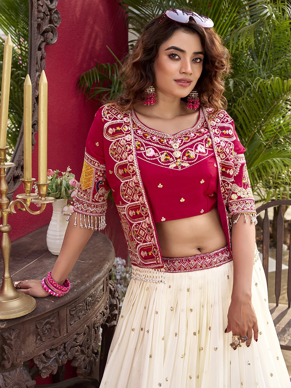 Aesthetic Off-White Thread Work Silk Bridesmaid Lehenga Choli With Koti