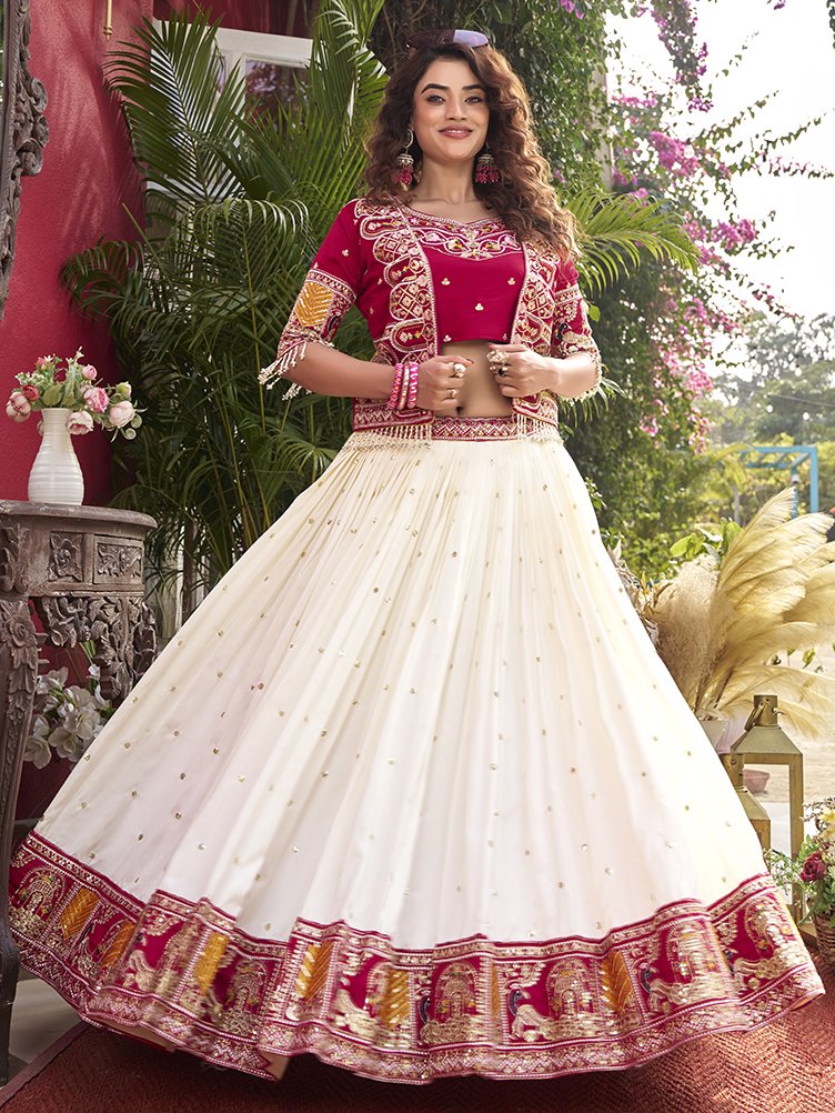 Aesthetic Off-White Thread Work Silk Bridesmaid Lehenga Choli With Koti