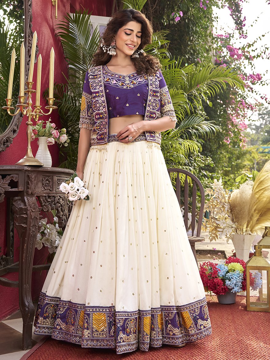 Glorious Off-White Embroidered Silk Wedding Wear Lehenga Choli With Koti