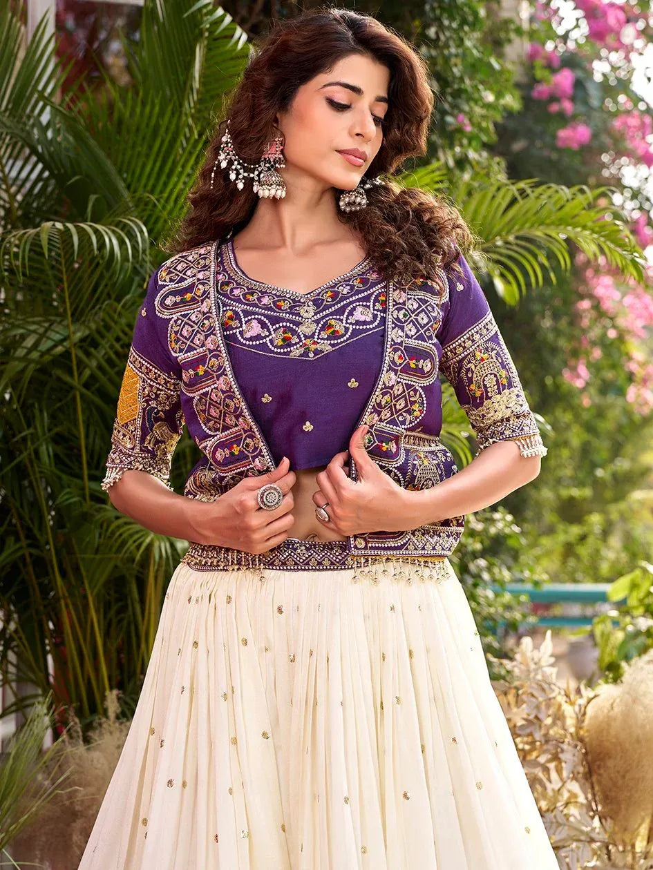 Glorious Off-White Embroidered Silk Wedding Wear Lehenga Choli With Koti