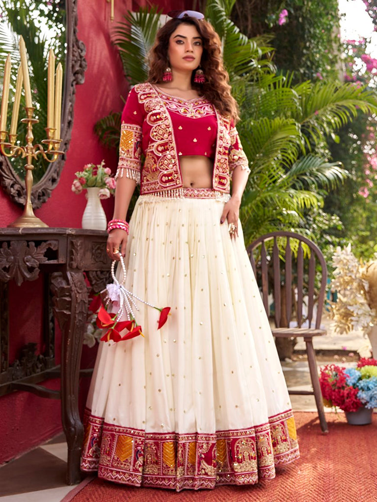Aesthetic Off-White Thread Work Silk Bridesmaid Lehenga Choli With Koti