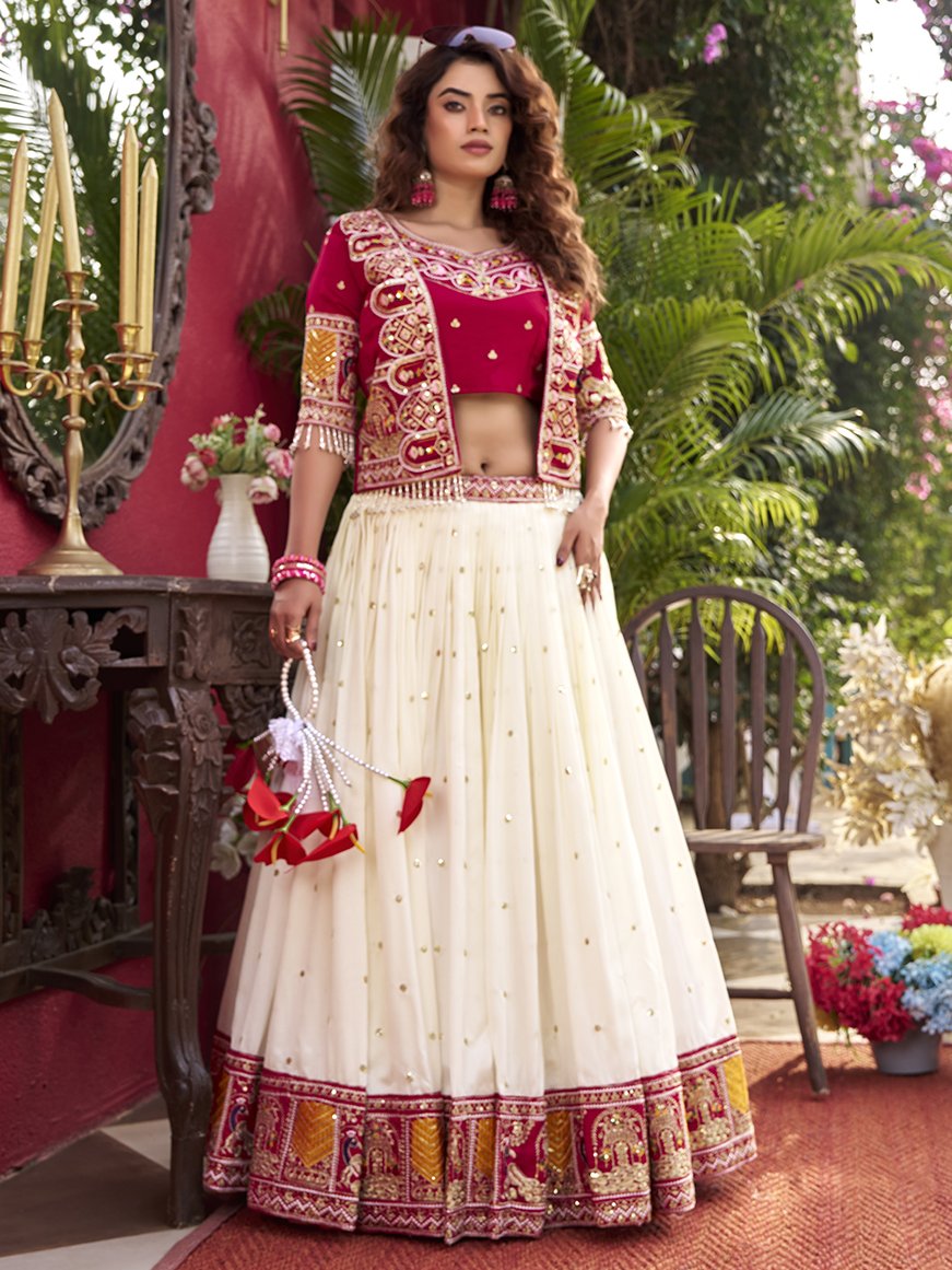Aesthetic Off-White Thread Work Silk Bridesmaid Lehenga Choli With Koti
