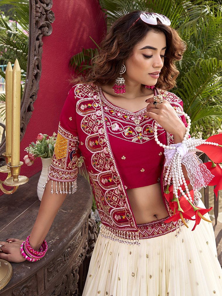 Aesthetic Off-White Thread Work Silk Bridesmaid Lehenga Choli With Koti