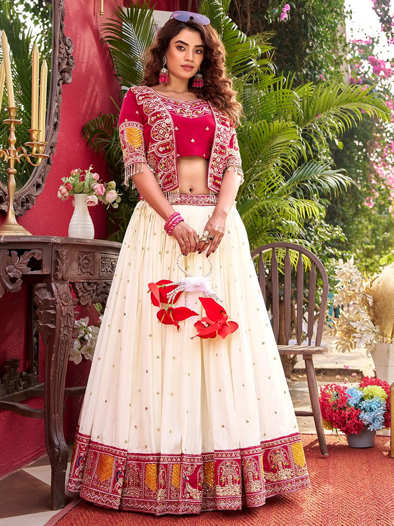 Aesthetic Off-White Thread Work Silk Bridesmaid Lehenga Choli With Koti