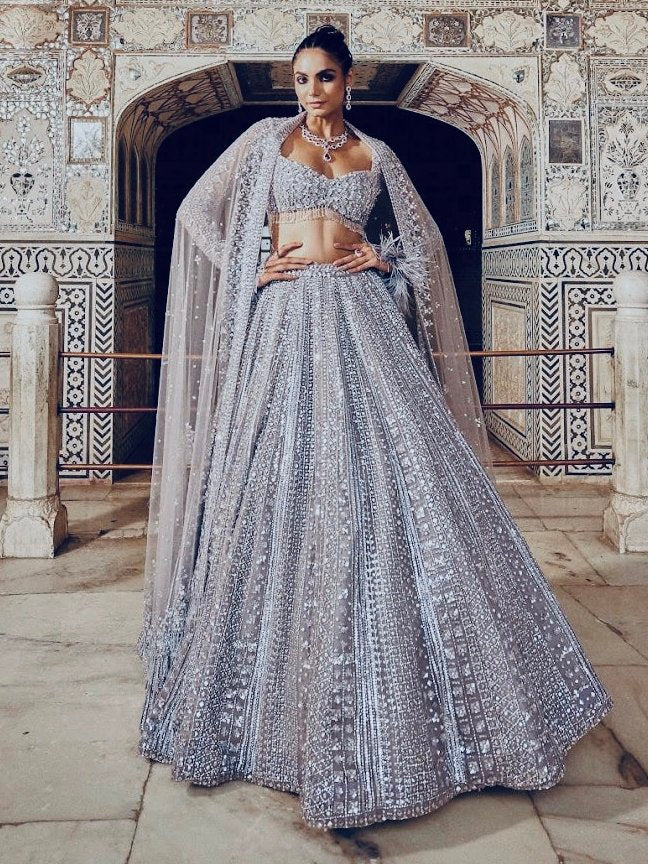 Sparkling Grey Silk Sequins Party Wear Lehenga Choli With Dupatta