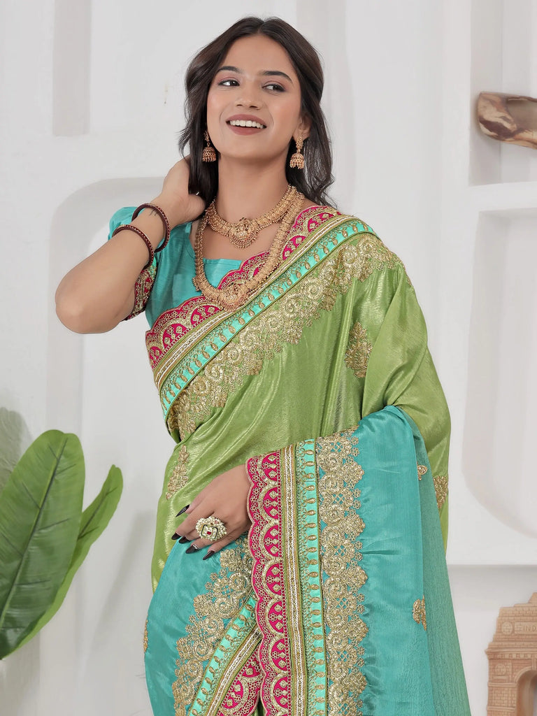Fabulous Green Coding Work Chinon Wedding Wear Saree With Blouse