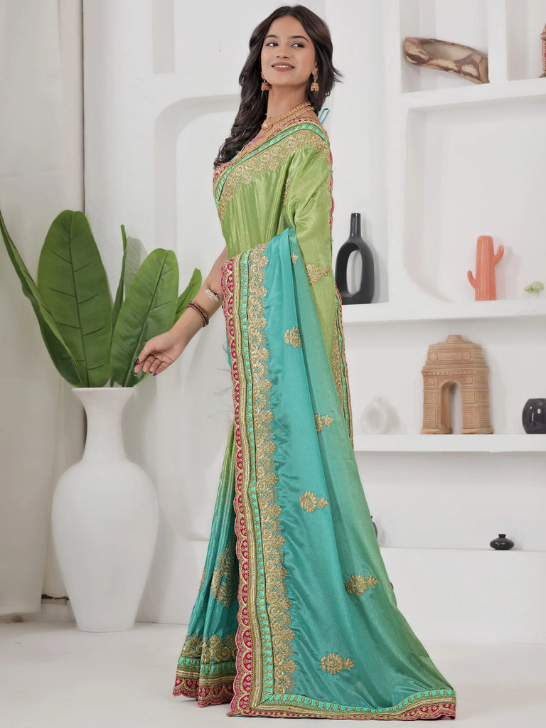 Fabulous Green Coding Work Chinon Wedding Wear Saree With Blouse