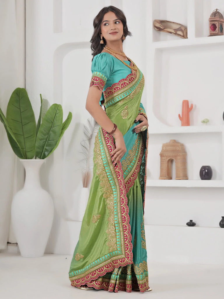 Fabulous Green Coding Work Chinon Wedding Wear Saree With Blouse