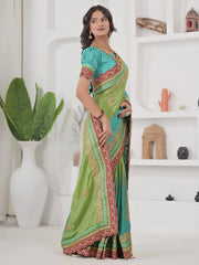 Fabulous Green Coding Work Chinon Wedding Wear Saree With Blouse