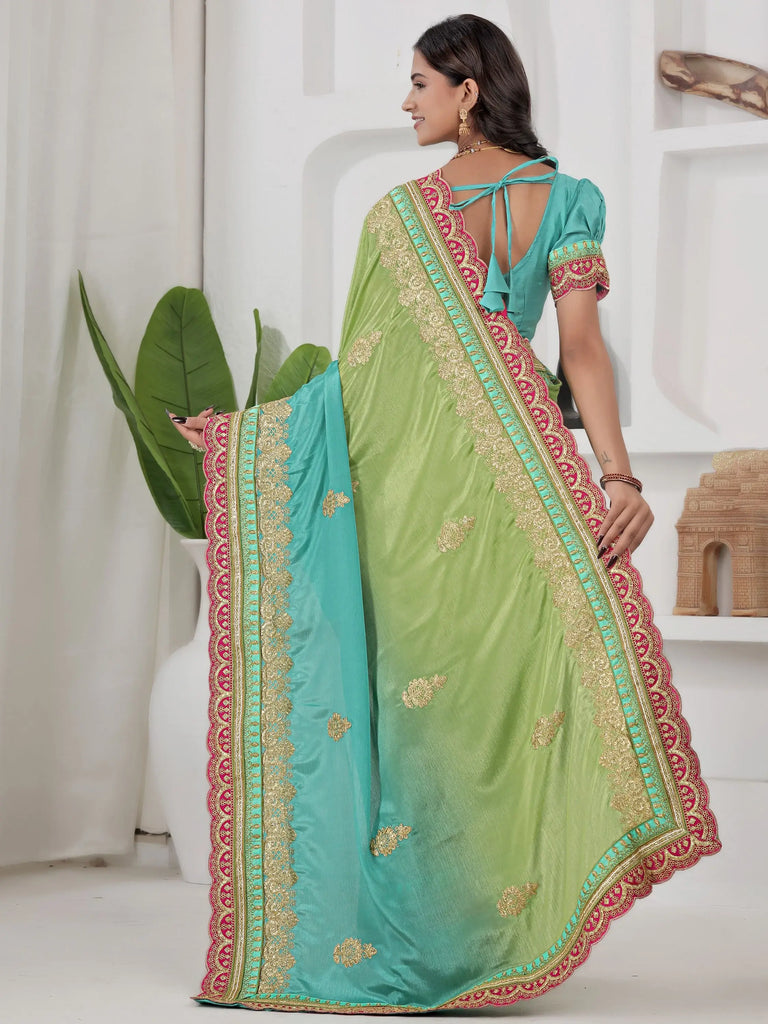 Fabulous Green Coding Work Chinon Wedding Wear Saree With Blouse