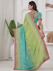 Fabulous Green Coding Work Chinon Wedding Wear Saree With Blouse