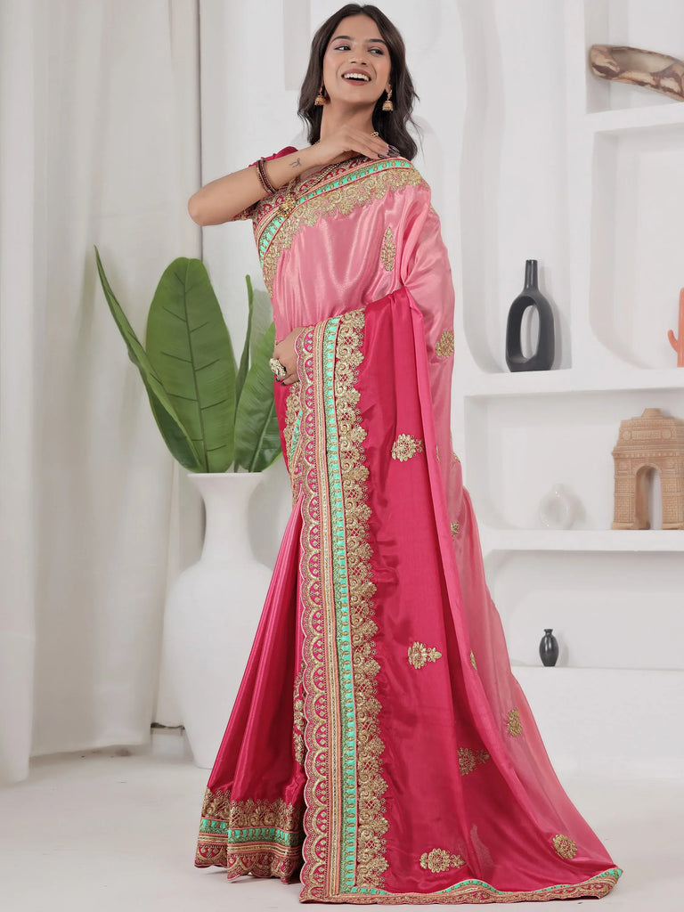 Glamorous Red Embroidered Chinon Wedding Wear Saree With Blouse