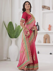 Glamorous Red Embroidered Chinon Wedding Wear Saree With Blouse
