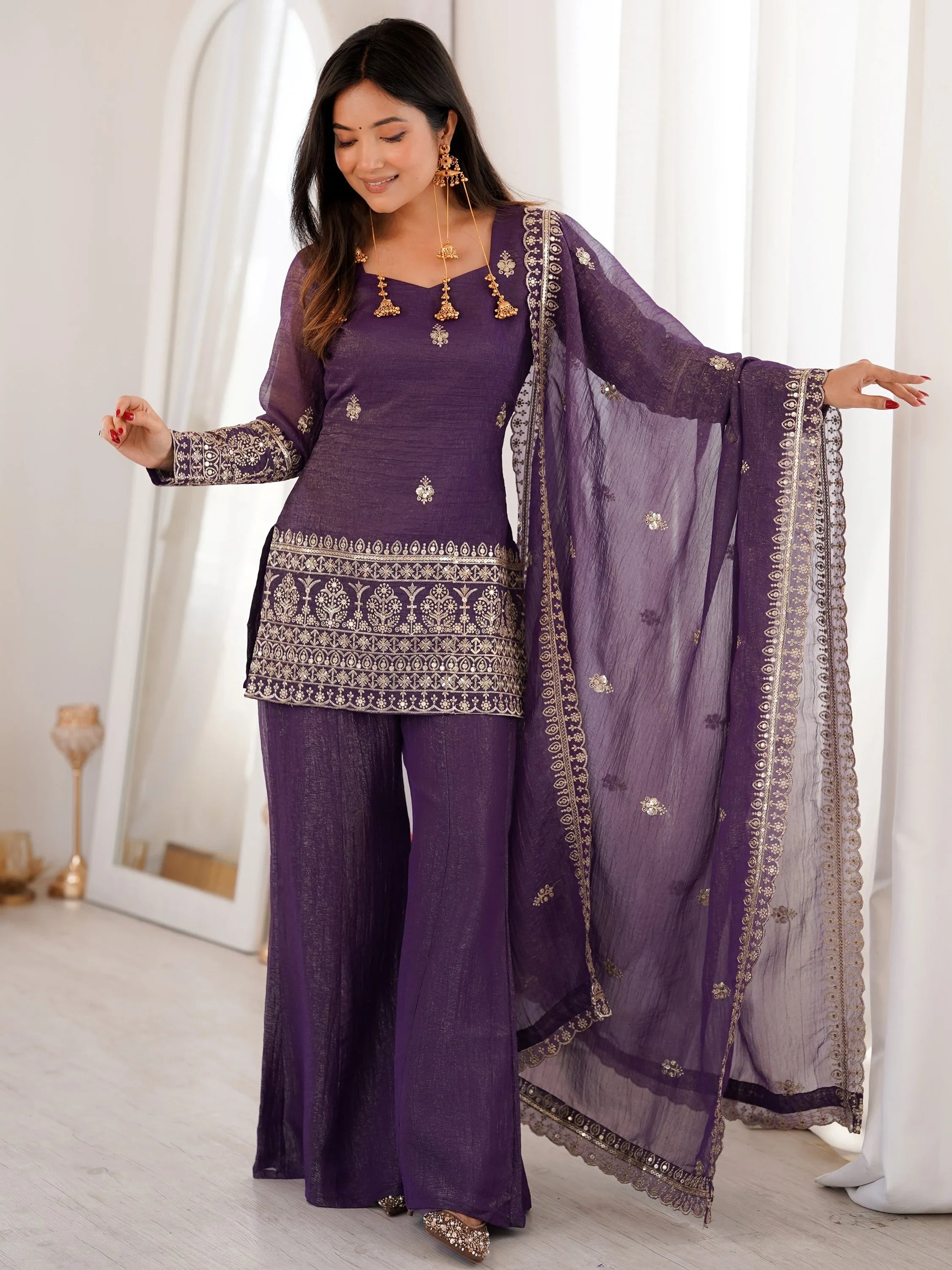 Shiny Purple Zari Work Silk Festival Wear Palazzo Suit With Dupatta