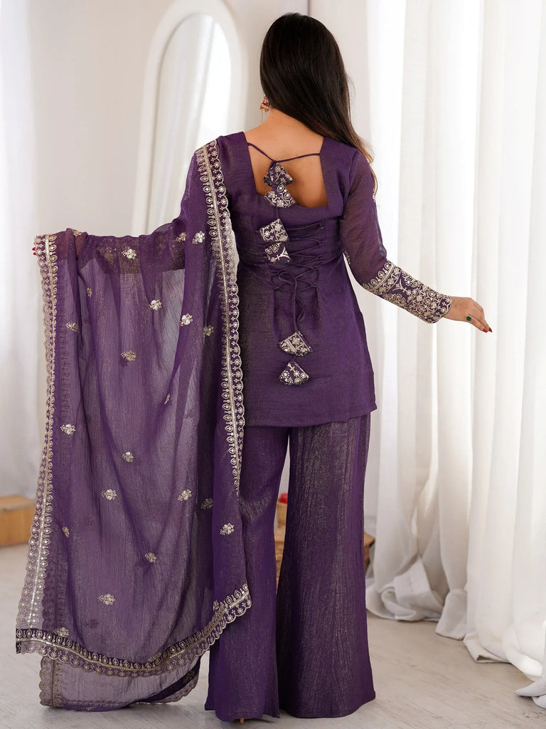 Shiny Purple Zari Work Silk Festival Wear Palazzo Suit With Dupatta