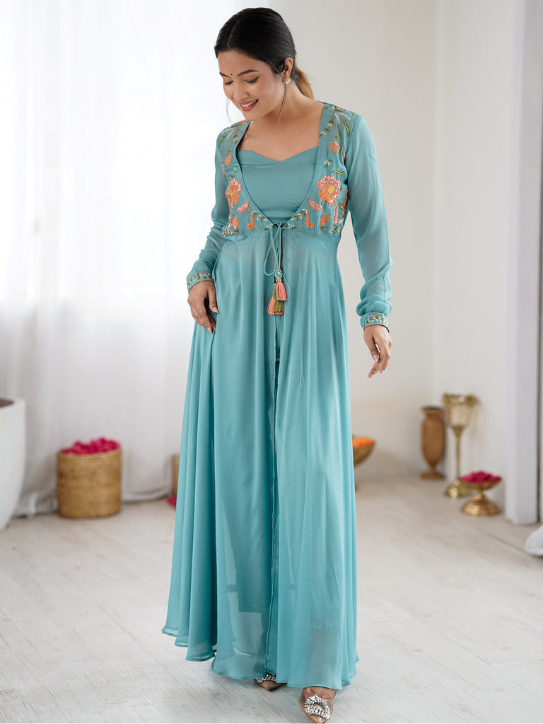 Rich Sky Blue Floral Work Georgette Event Wear Co-Ord Set With Jacket