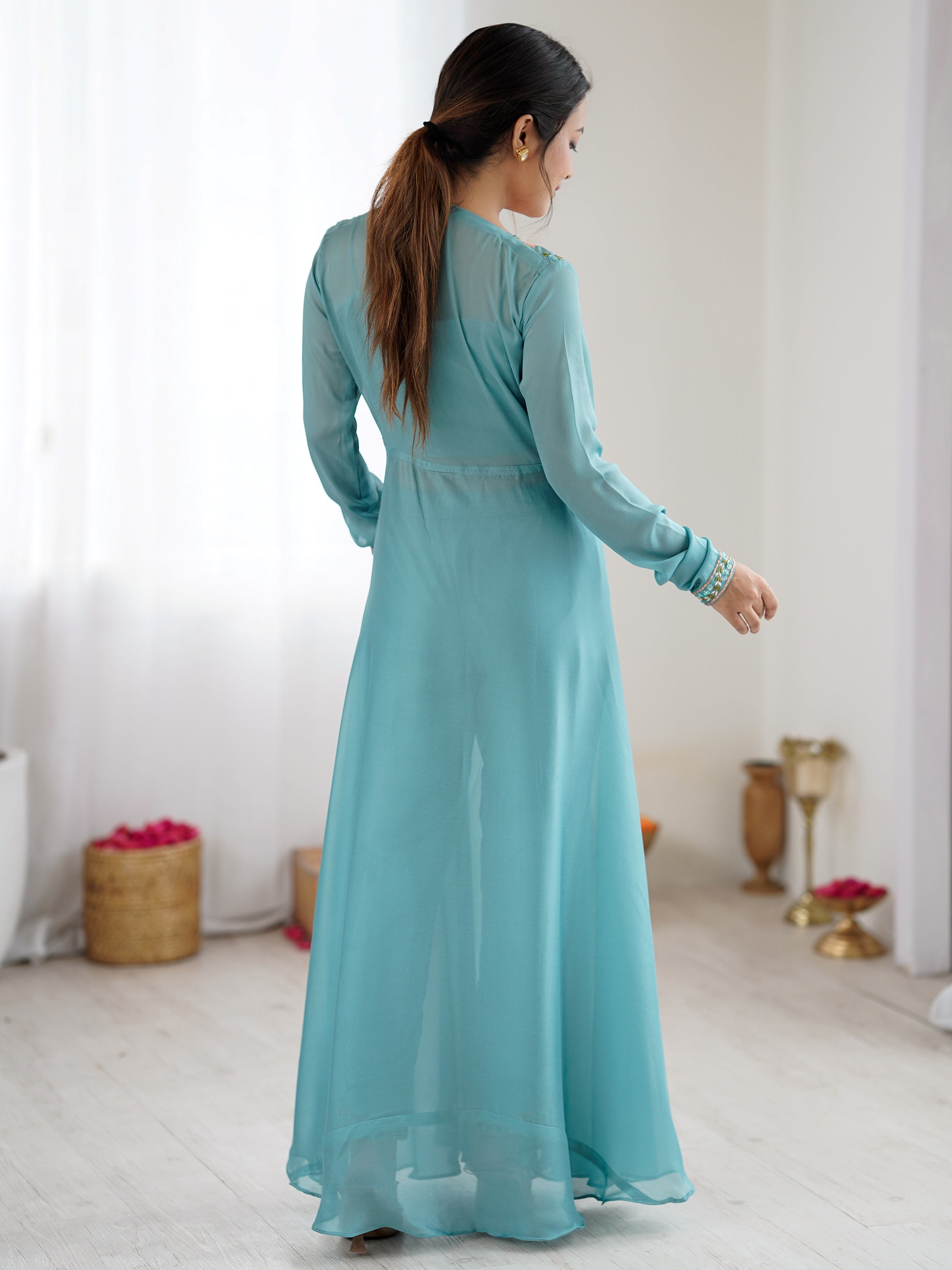 Rich Sky Blue Floral Work Georgette Event Wear Co-Ord Set With Jacket