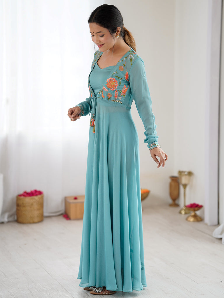 Rich Sky Blue Floral Work Georgette Event Wear Co-Ord Set With Jacket