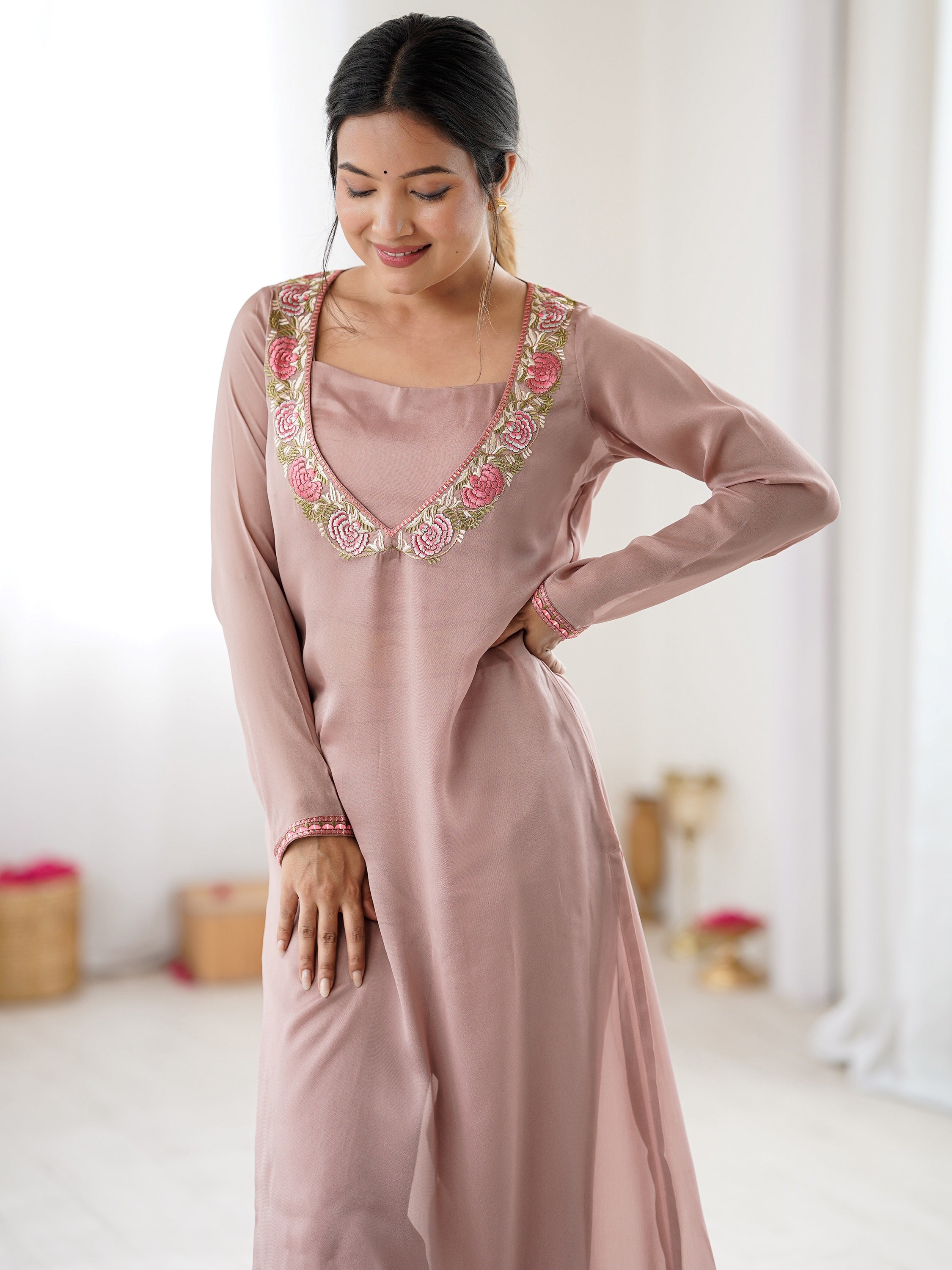 Regal Dusty Pink Embroidered Georgette Wedding Festive Wear Salwar Suit