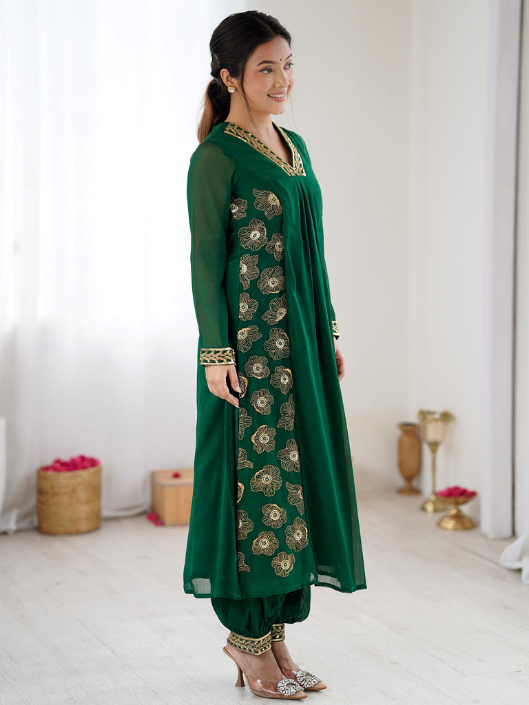 Beautiful Green Hand Work Georgette Mehendi Wear Salwar Suit
