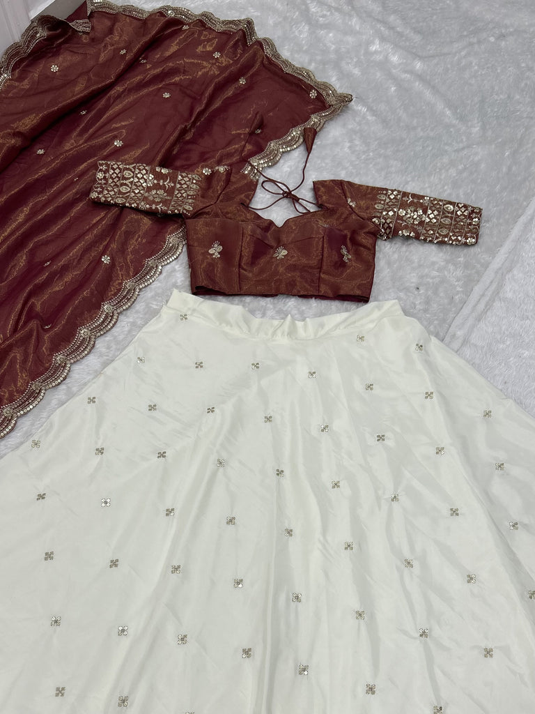 Majestic Off-White Zari Work Silk Festive Wear Lehenga Choli With Dupatta