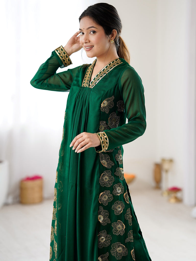 Beautiful Green Hand Work Georgette Mehendi Wear Salwar Suit