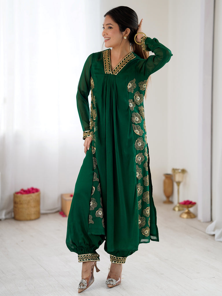Beautiful Green Hand Work Georgette Mehendi Wear Salwar Suit