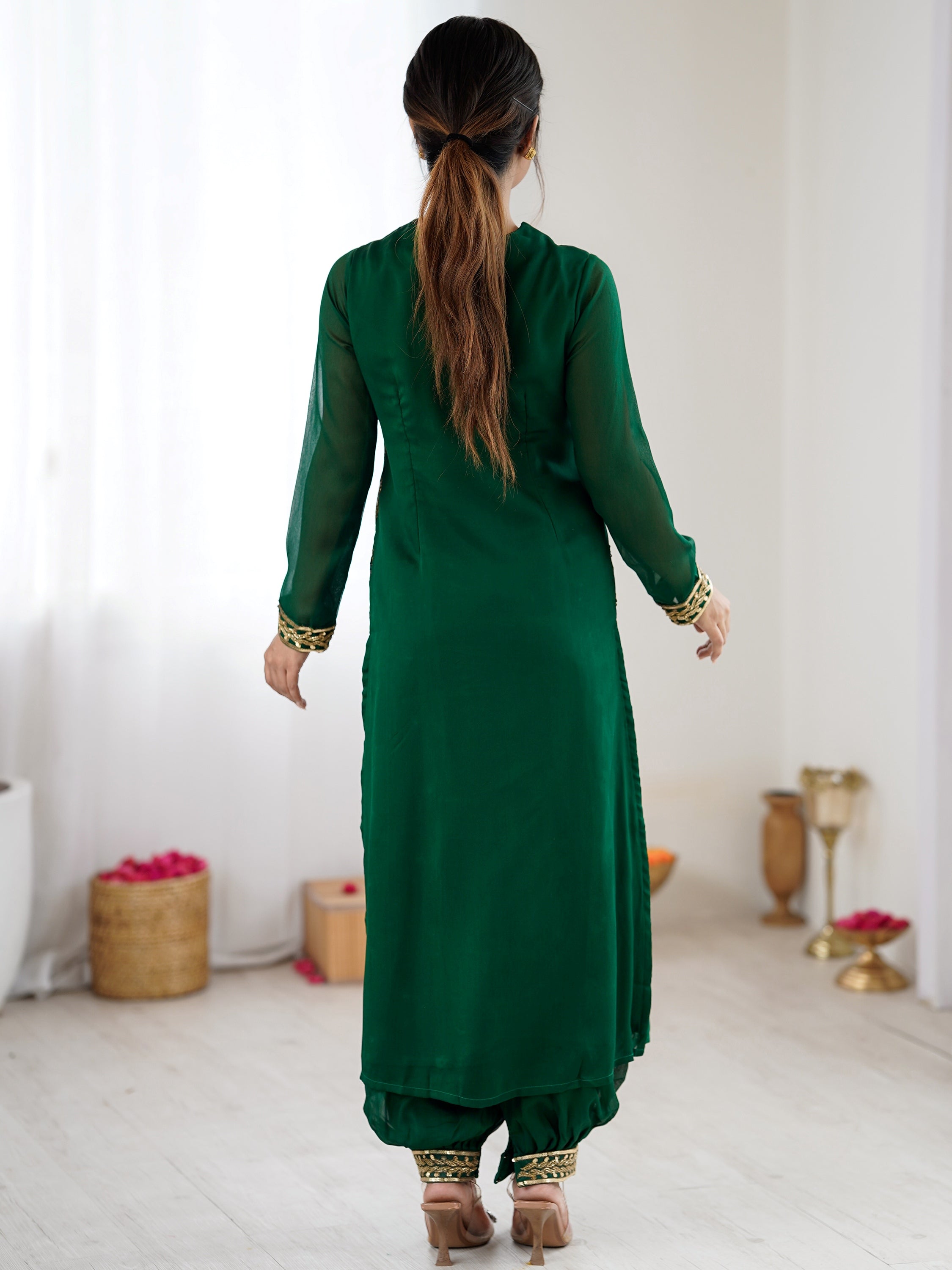 Beautiful Green Hand Work Georgette Mehendi Wear Salwar Suit