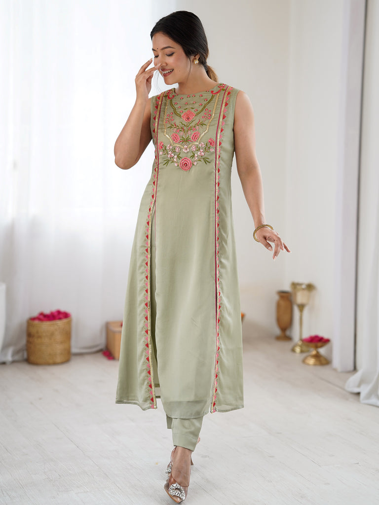 Great Pista Green Embroidered Georgette Traditional Salwar Suit