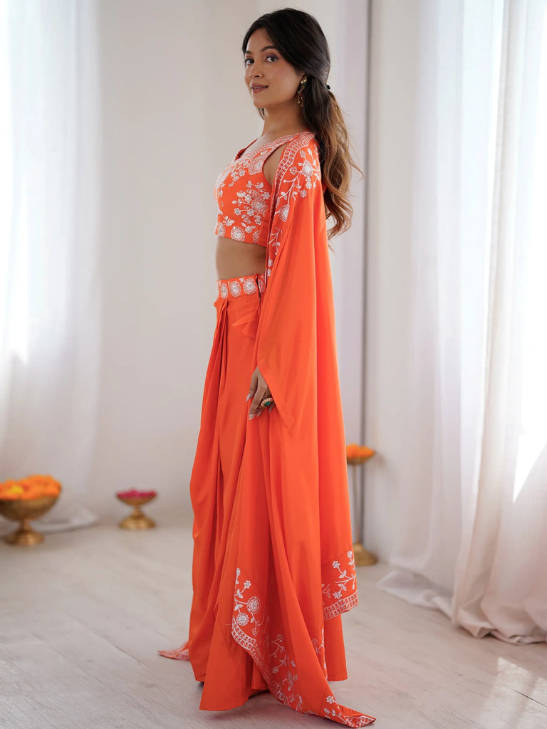Beautiful Orange Crepe Designer Lehenga Choli With Sequins Shrug