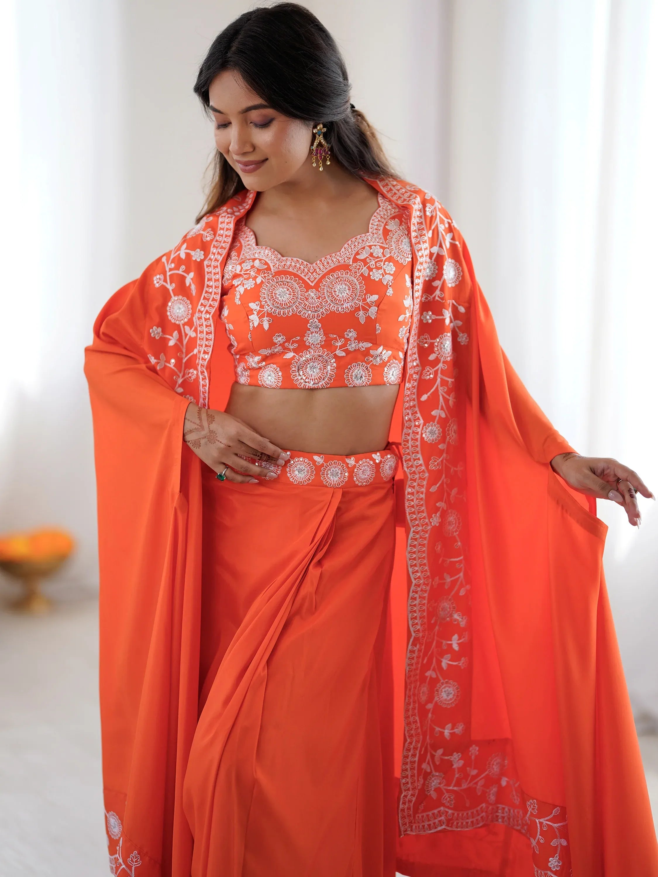 Beautiful Orange Crepe Designer Lehenga Choli With Sequins Shrug