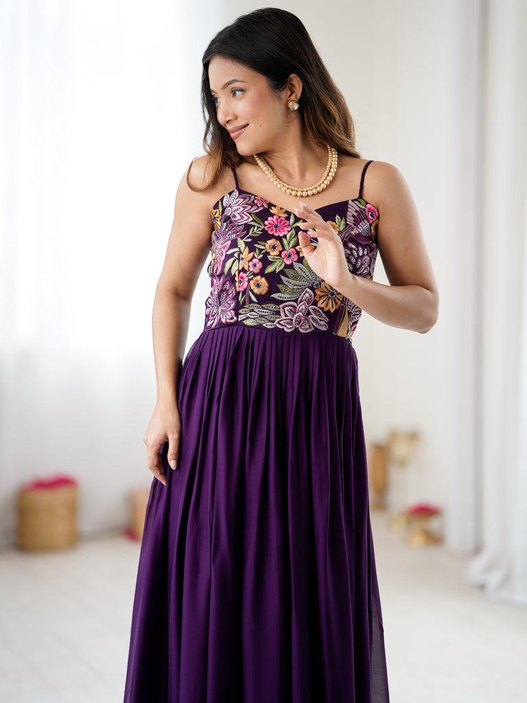 Terrific Purple Floral Embroidered Georgette Festive Wear Gown