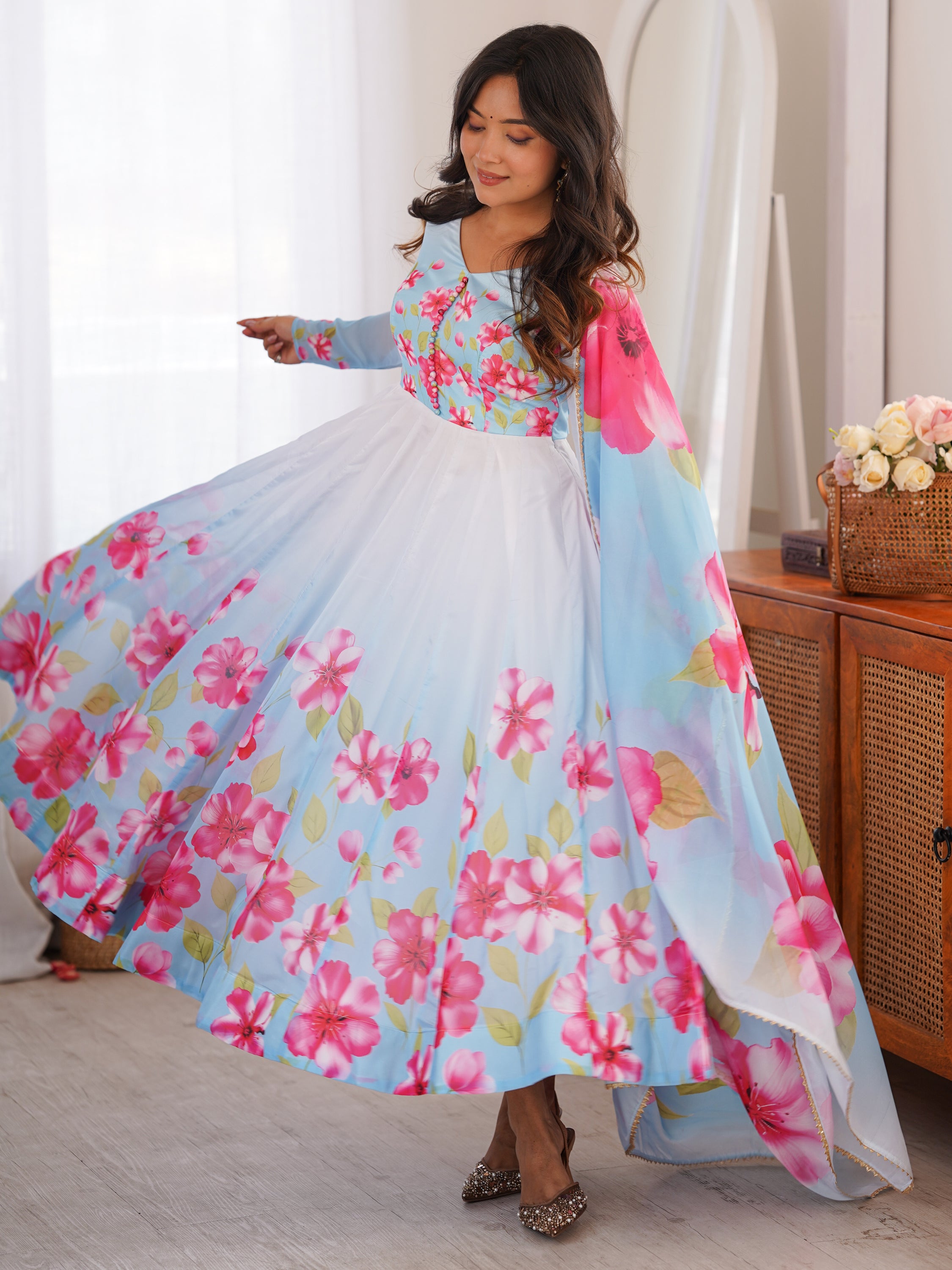 Incredible Sky Blue Floral Printed Silk Festive Wear Anarkali Suit With Dupatta