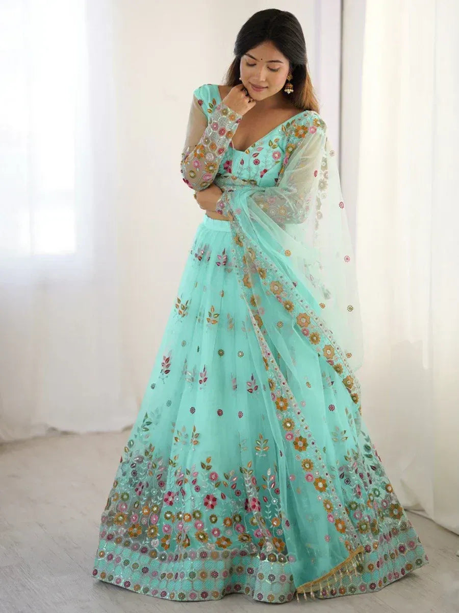 Mint green floral embroidered lehenga choli with sheer dupatta, Indian ethnic wear for women