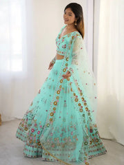 Beautiful Sky Blue Thread Embroidered Lehenga Choli With Dupatta