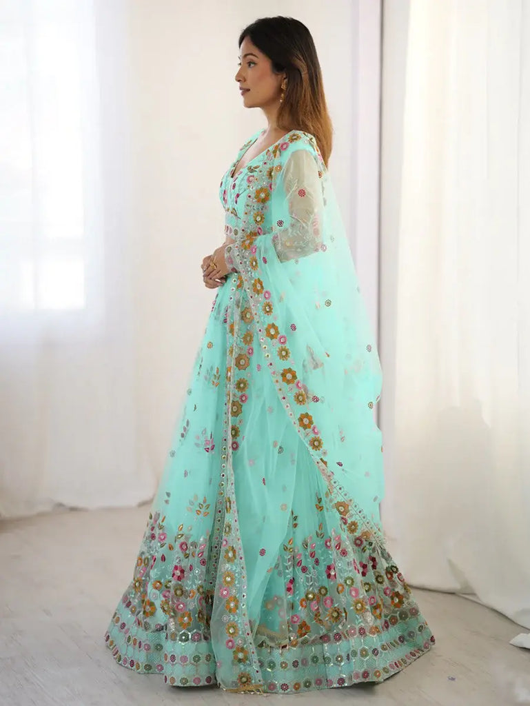Beautiful Sky Blue Thread Embroidered Lehenga Choli With Dupatta