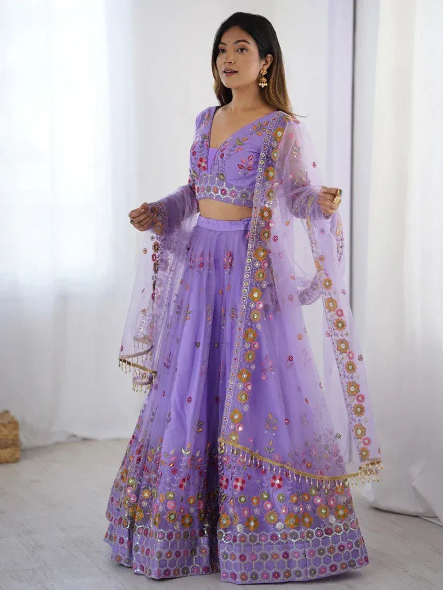Lavender floral embroidered lehenga choli with sheer dupatta, perfect for Indian ethnic occasions