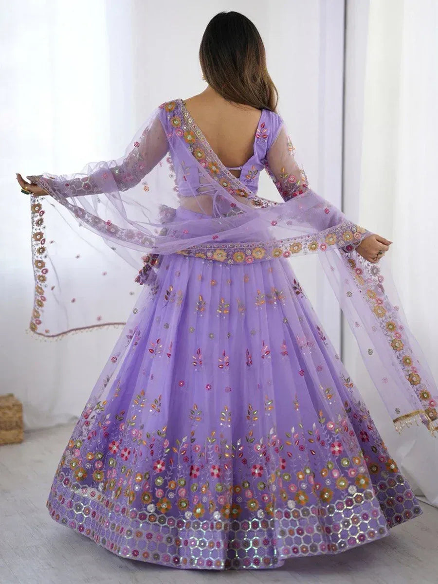 Lavender floral embroidered lehenga choli with sheer dupatta, perfect for Indian ethnic occasions