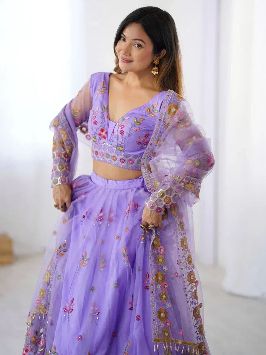 Lavender floral embroidered lehenga choli with sheer sleeves, perfect for Indian ethnic occasions