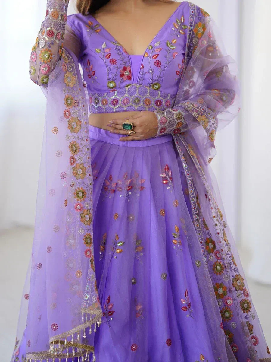 Purple embroidered lehenga choli with floral net dupatta, Indian ethnic wear
