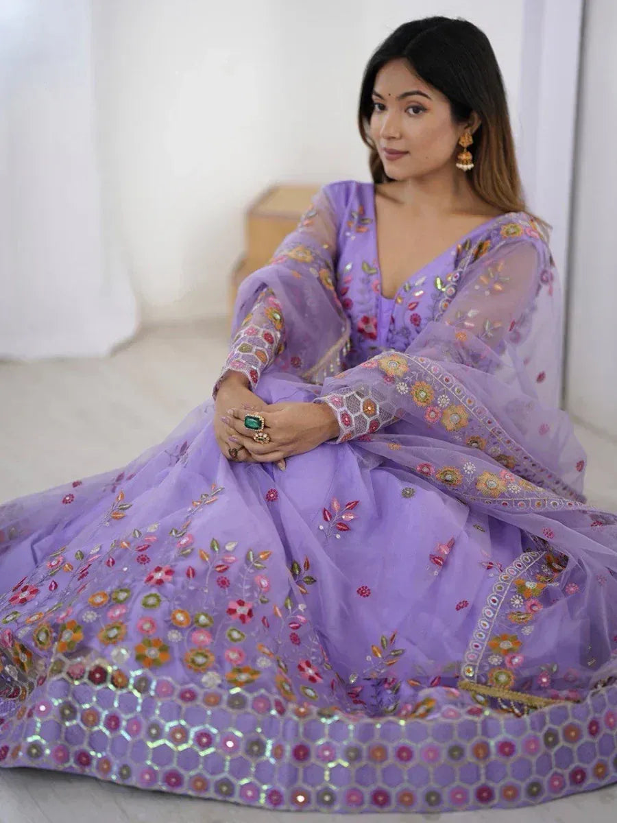 Purple floral embroidered lehenga choli with mirror work, perfect for Indian ethnic occasions