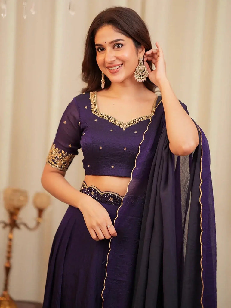 Captivating Purple Sequins Silk Wedding Wear Lehenga Choli