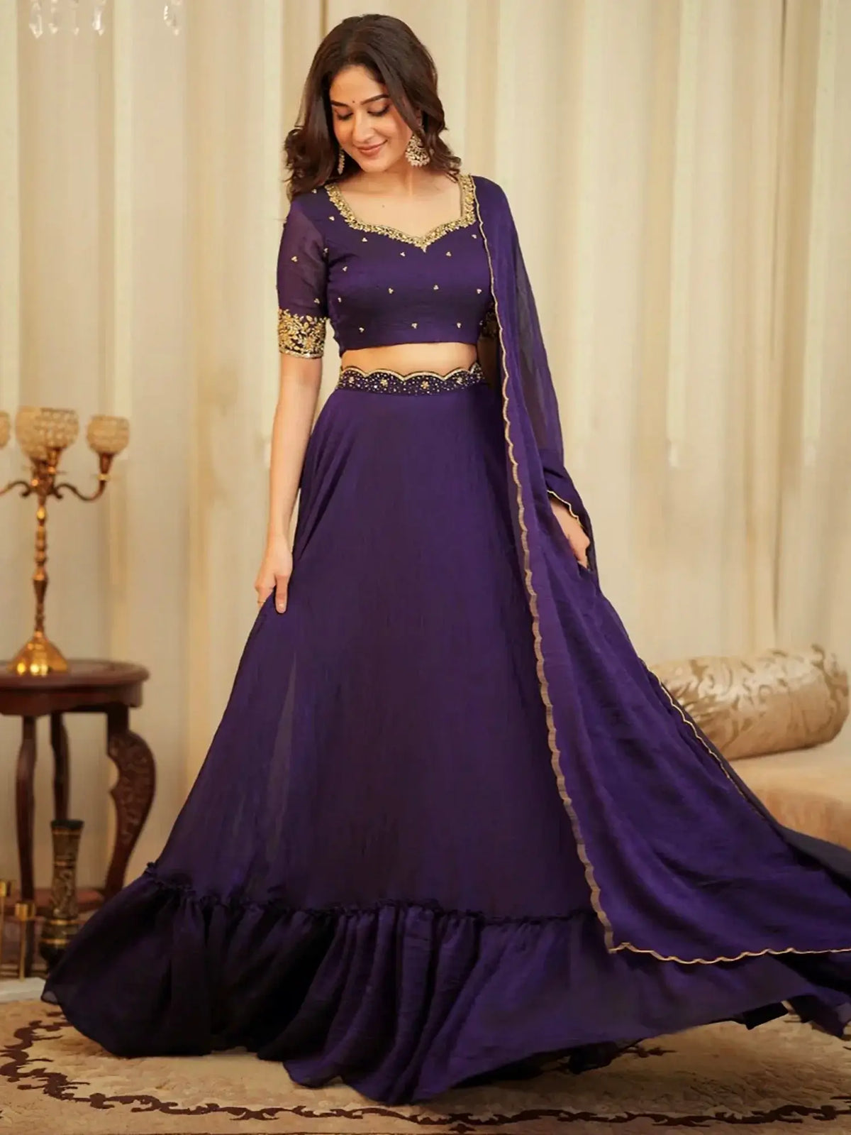 Captivating Purple Sequins Silk Wedding Wear Lehenga Choli