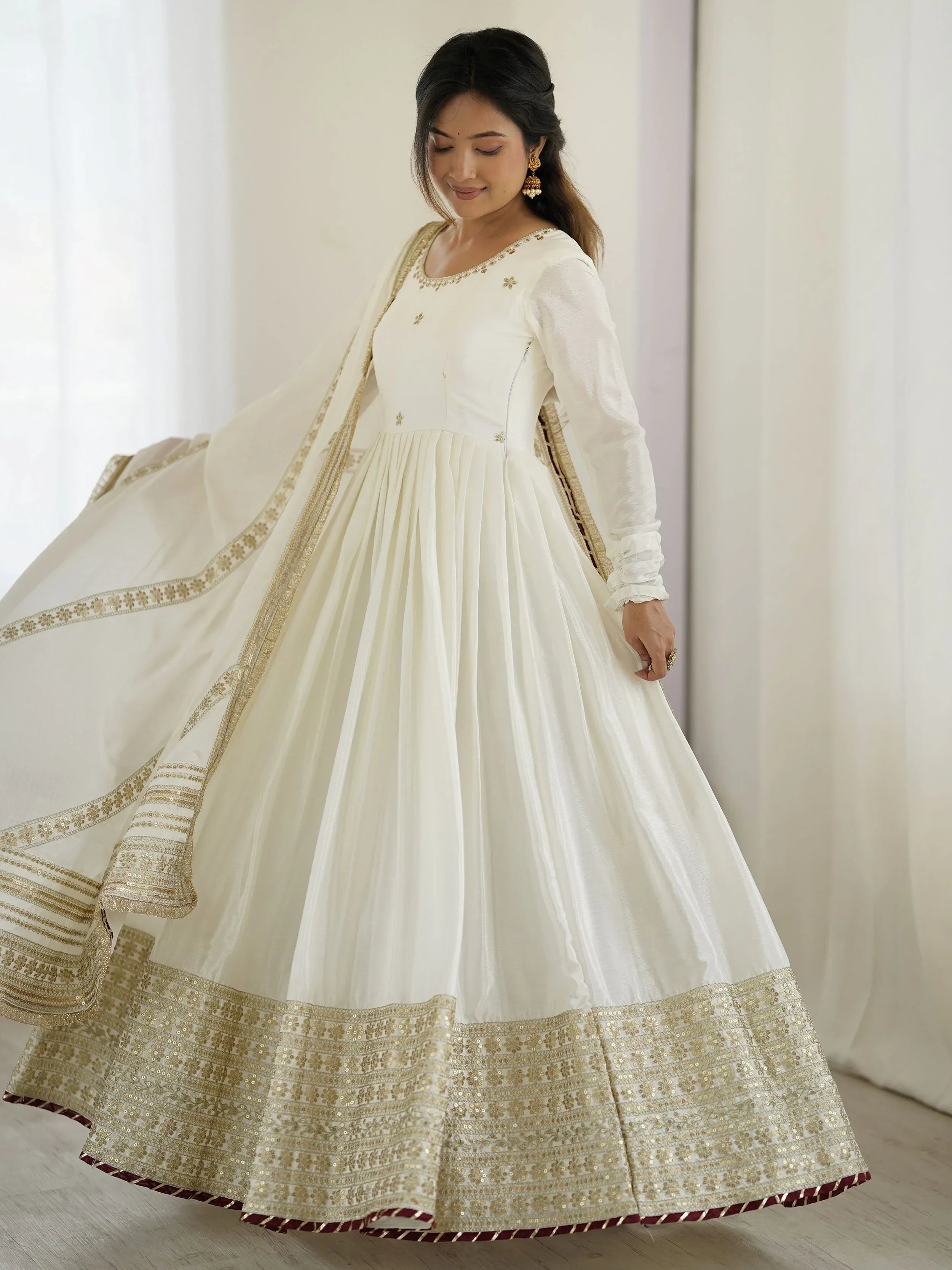 Adorable White Sequins Embroidered Silk Party Wear Anarkali Suit