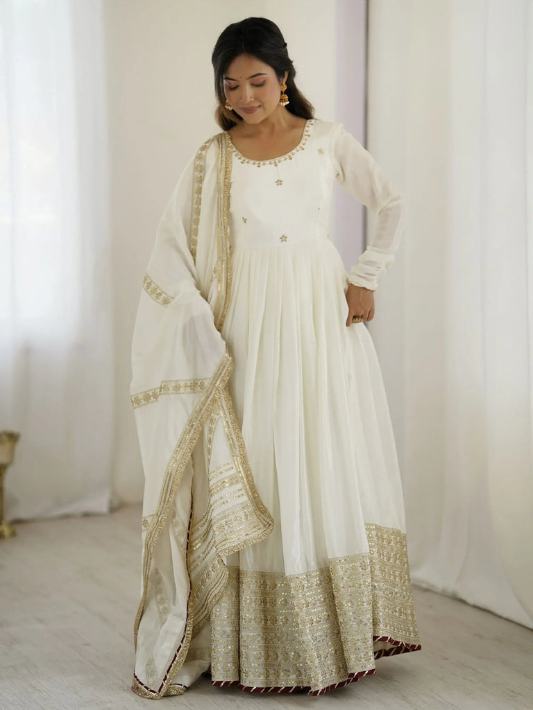 Adorable White Sequins Embroidered Silk Party Wear Anarkali Suit
