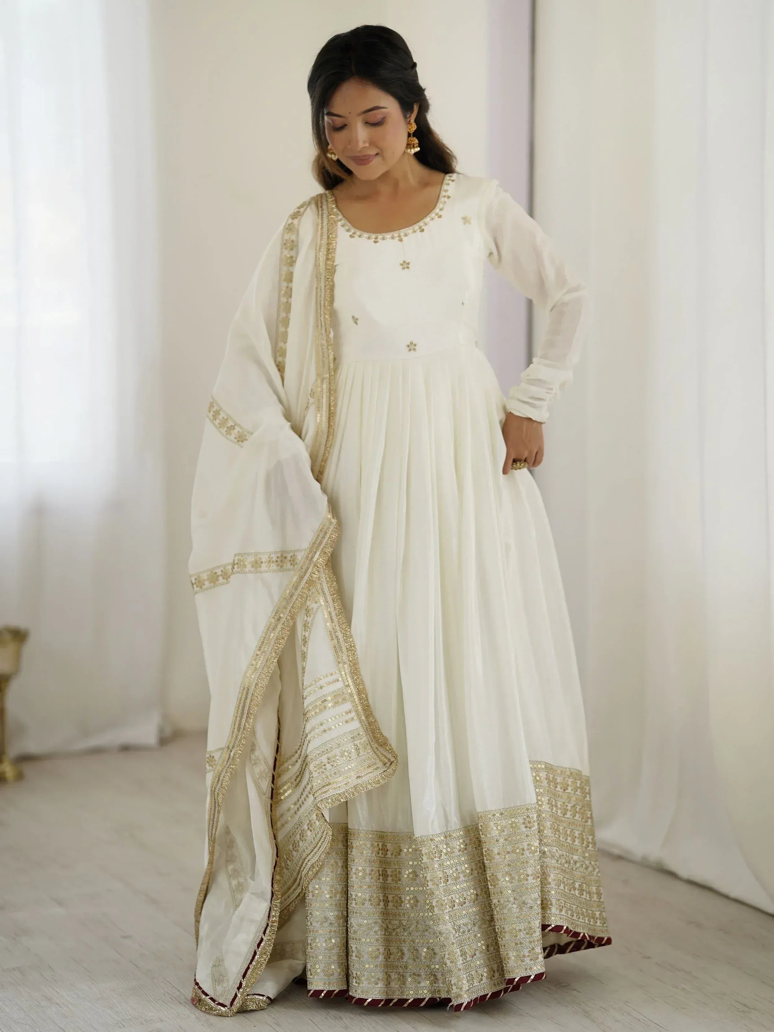 Adorable White Sequins Embroidered Silk Party Wear Anarkali Suit