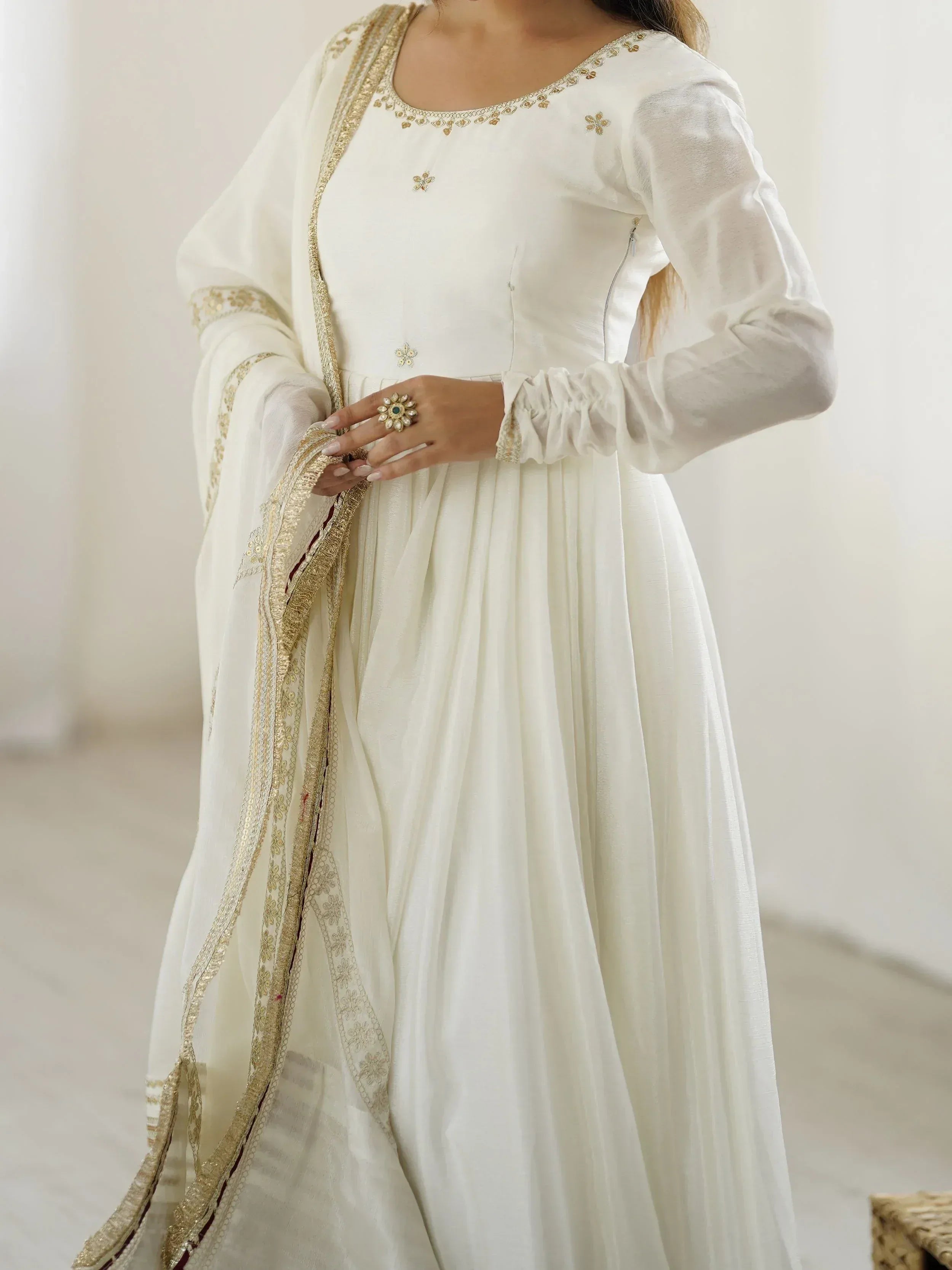 Adorable White Sequins Embroidered Silk Party Wear Anarkali Suit